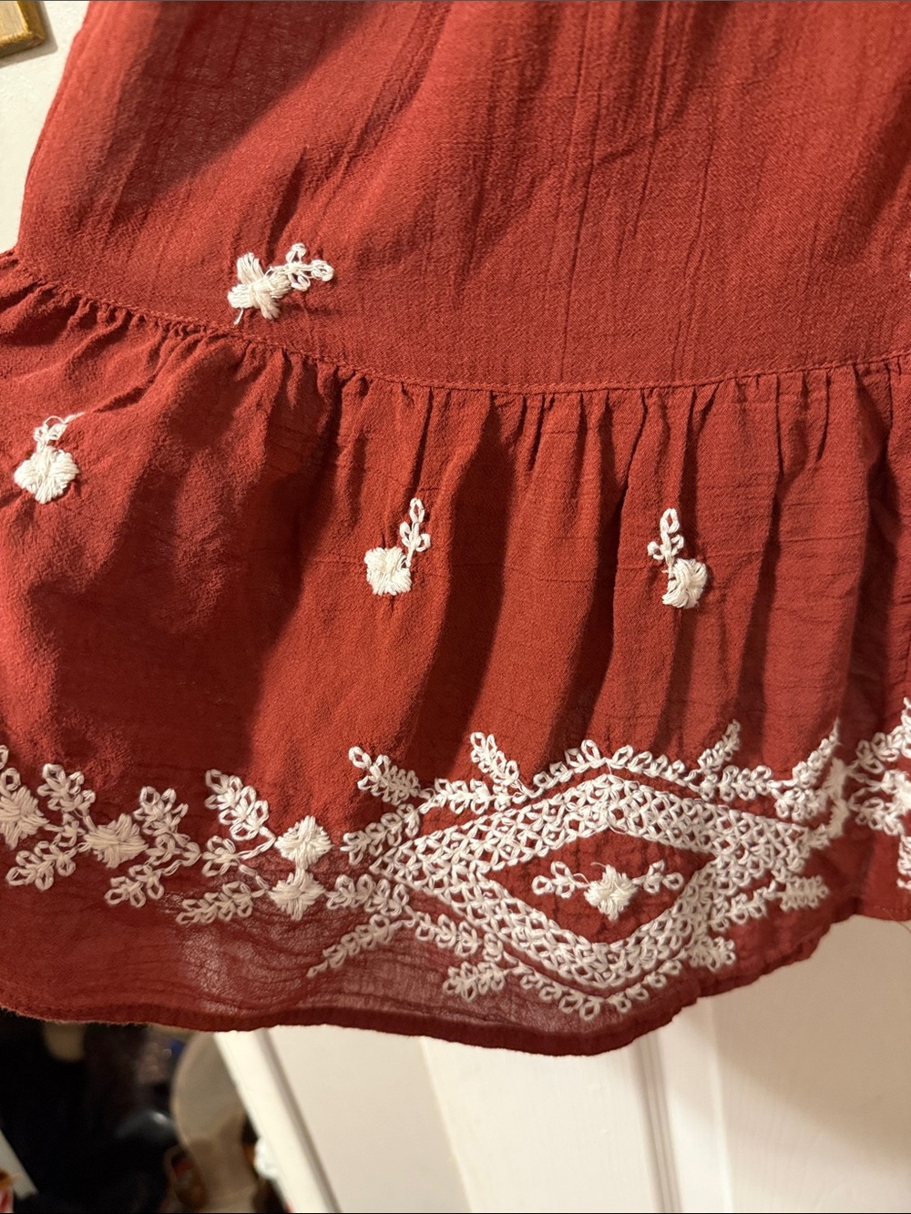Bohemian Long-Sleeve Embroidered Maxi Dress — Rust with White Accents - Picture 4 of 7